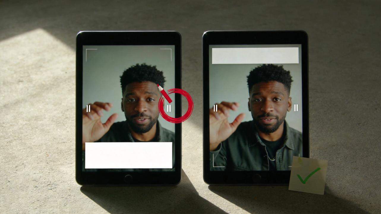 Two tablets show a man on video, with subtitles placed at the top and bottom on the right and covering him on the left.