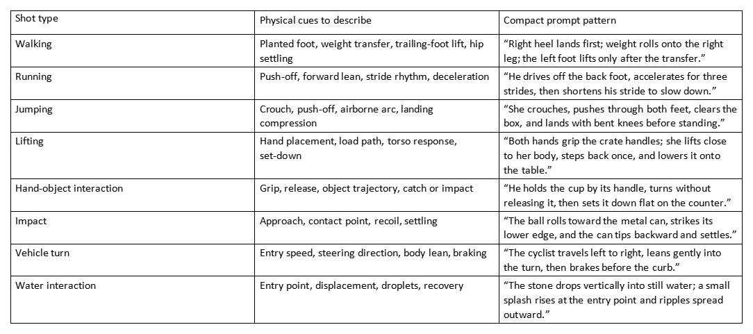 Table of motion shots with physical cues and compact prompt examples for walking, running, jumping, lifting, and more