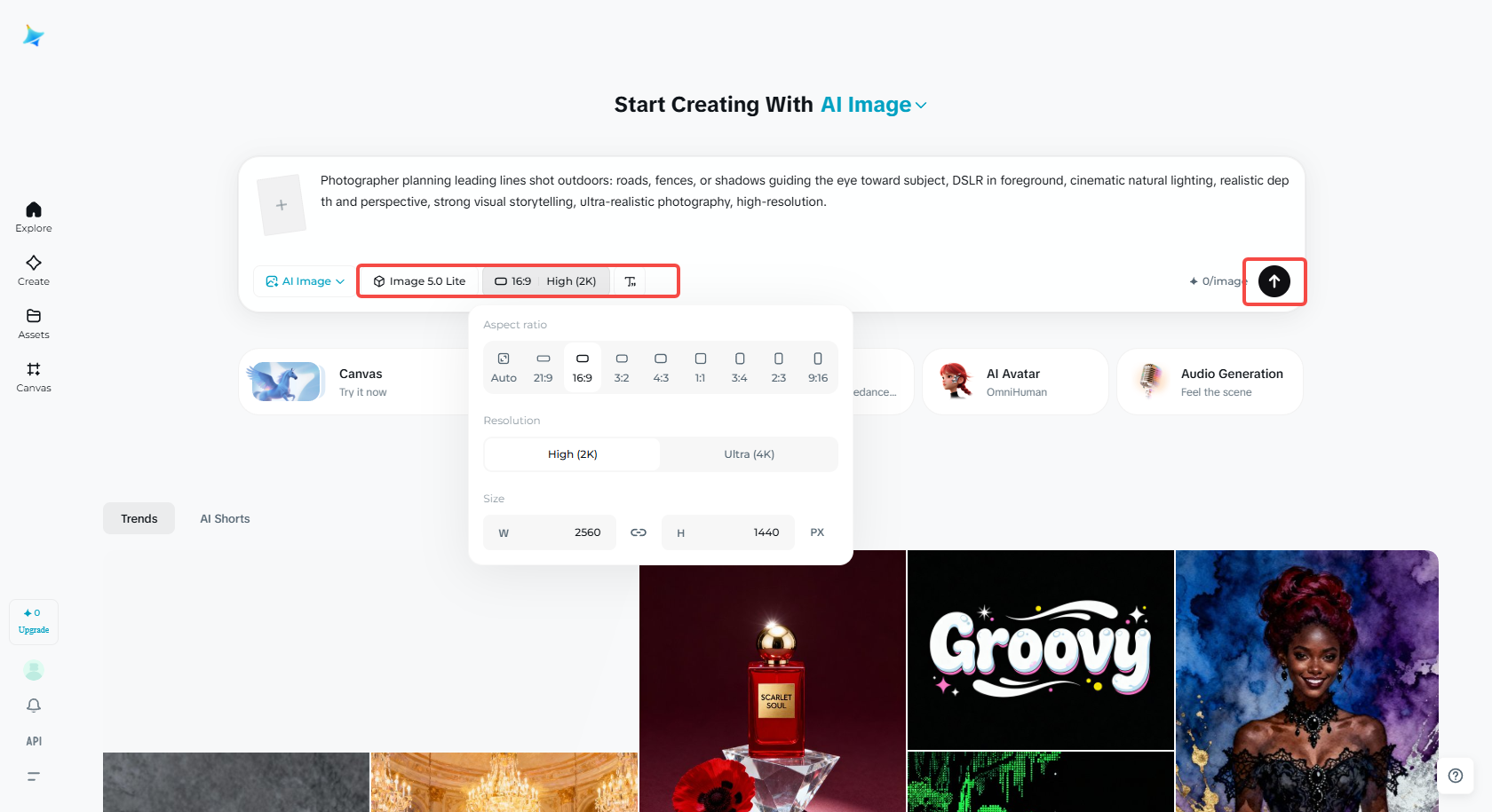 Select image model and aspect ratio