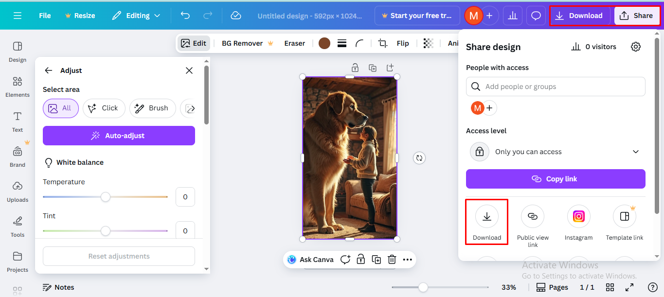 Downloading the resized image in Canva