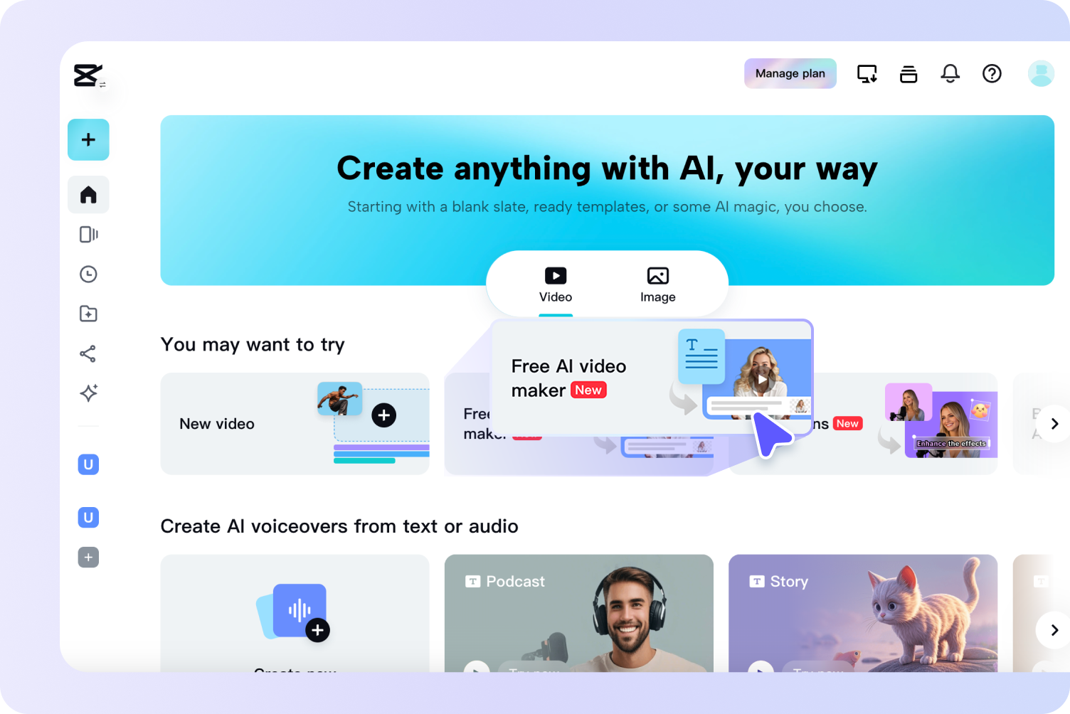 Opening CapCut Web's free image-to-video AI generator