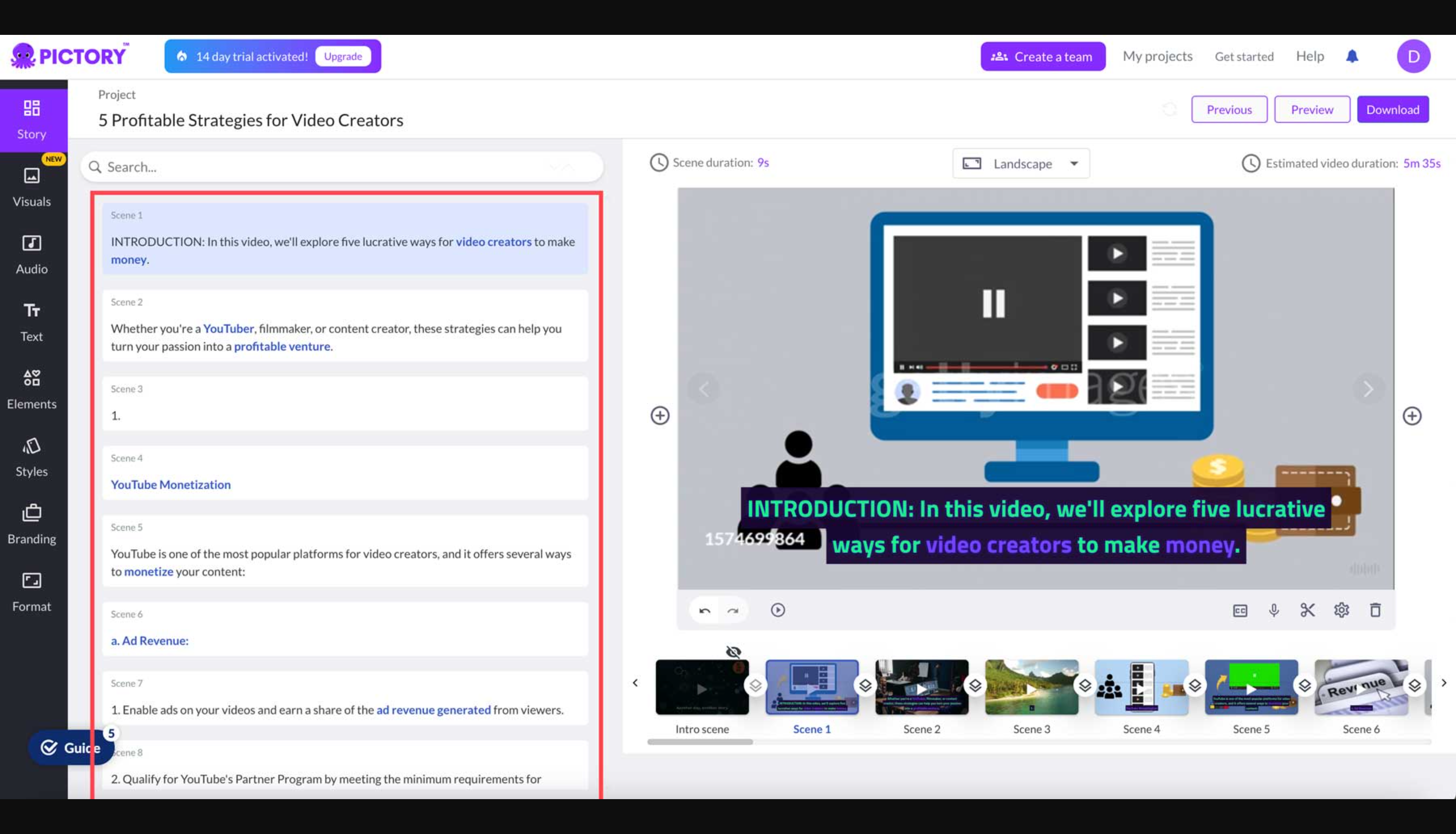 Interface of Pictory — best script to text video generator