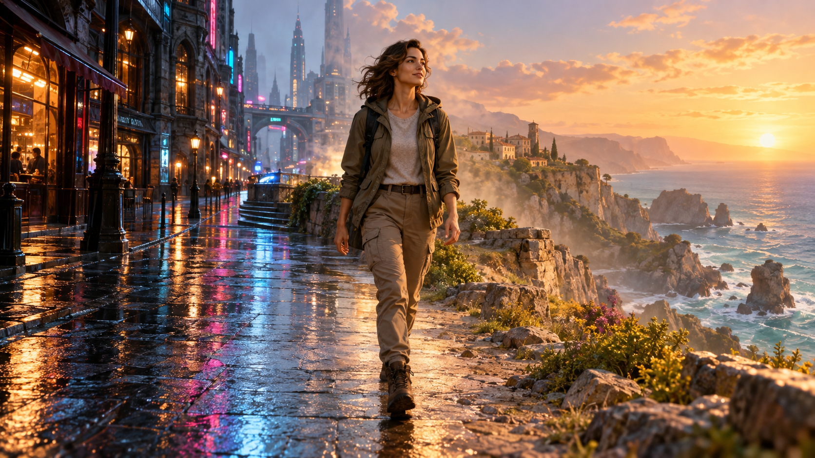 Traveler moving seamlessly from a rainy city into a sunlit coast