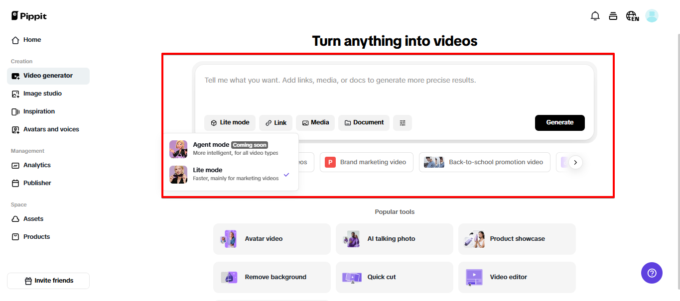AI video generator in Pippit
