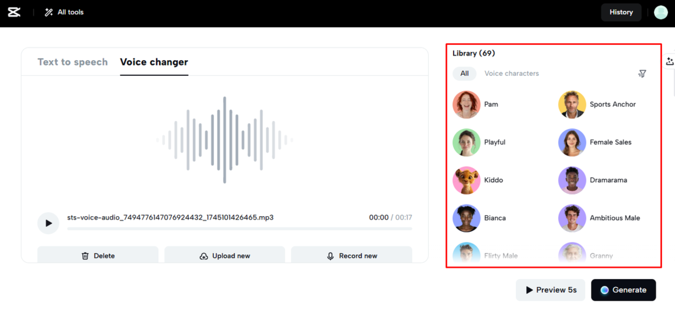 Una vasta libreria di effetti vocali su CapCut Web