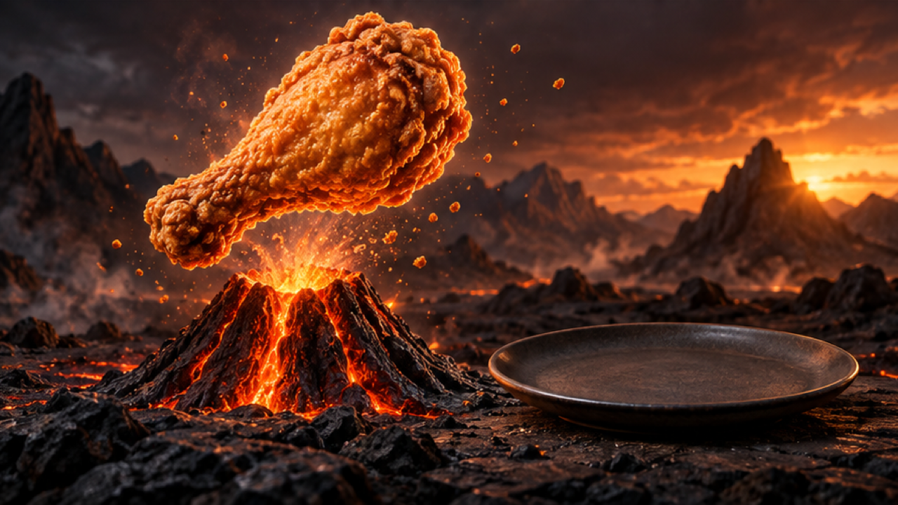 16: 9 todavía de comida de fantasía cinematográfica, un muslo de pollo frito dorado crujiente flotando sobre un cráter volcánico oscuro en miniatura, chispas naranjas restringidas y canales de lava, plato vacío junto al volcán, luz cálida dramática, sin contacto humano, sin texto ni logotipos.