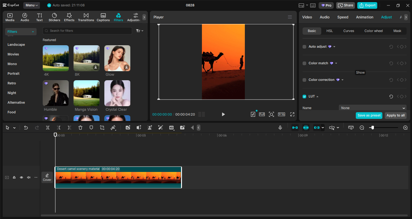 Editing an Instagram post in the CapCut desktop video editor