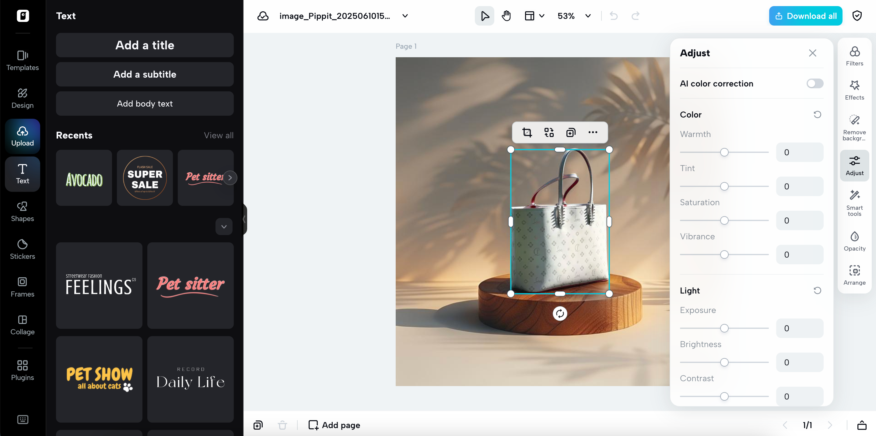 Editing the product image in Pippit