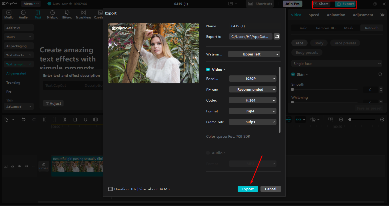 Exporting screen recording from the CapCut desktop video editor