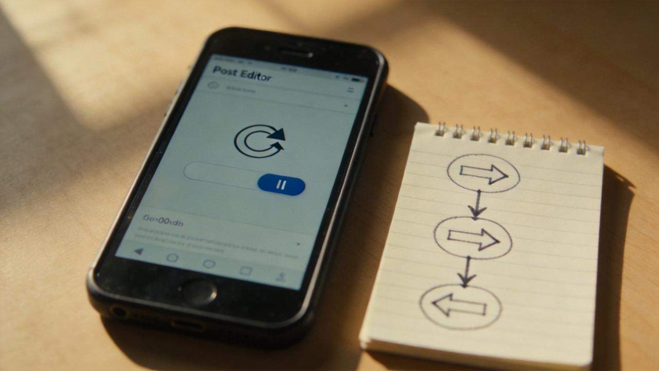 Smartphone showing a post editor beside a notepad with hand-drawn arrows