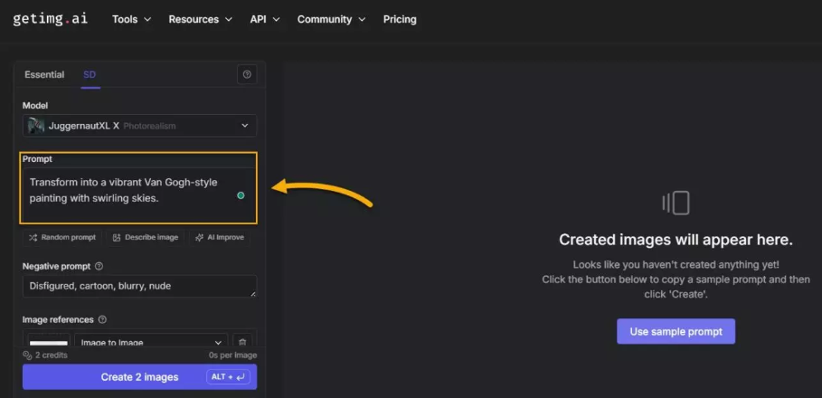 Entering a text prompt in Getimg.ai