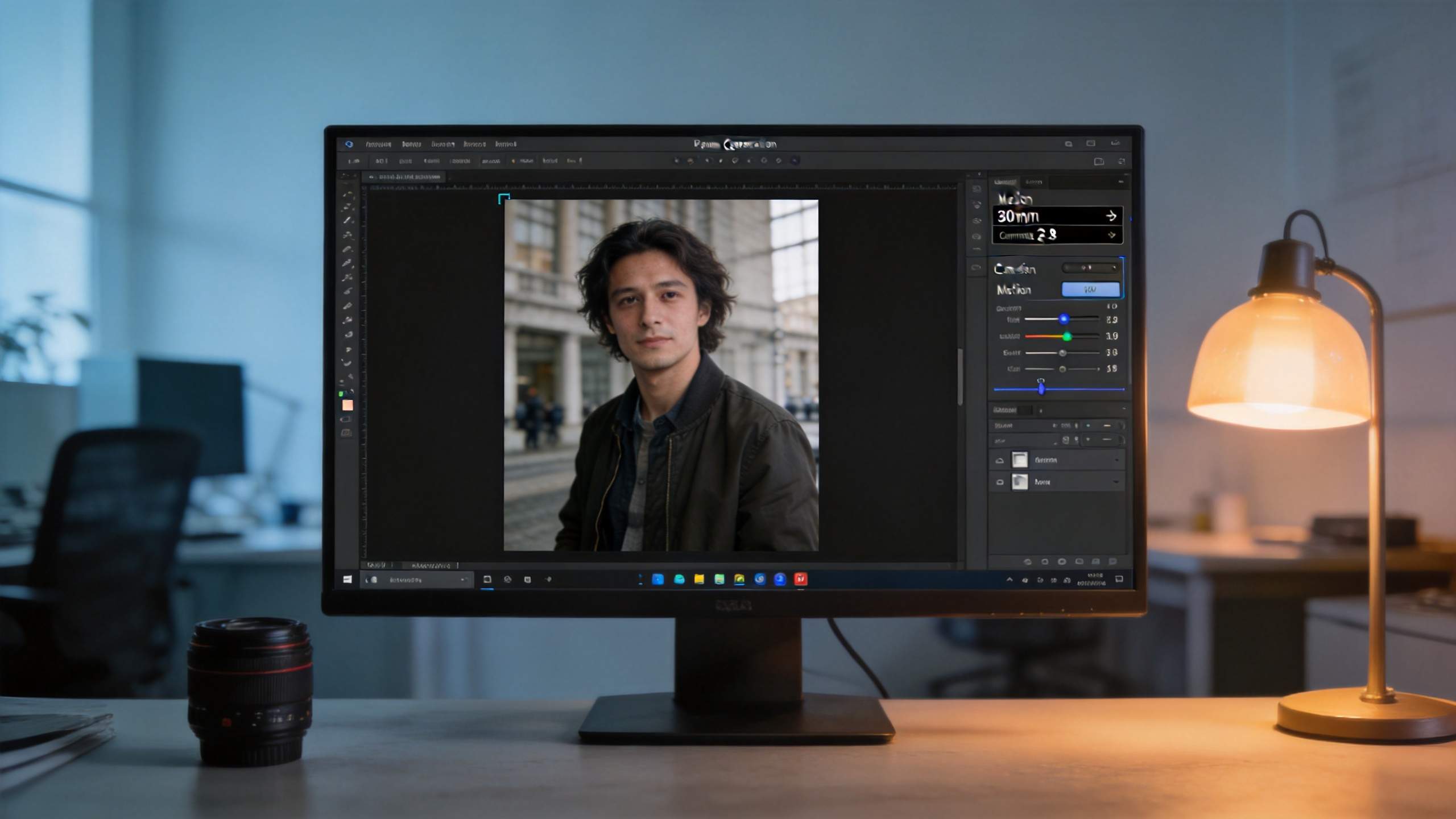 Desktop monitor showing a portrait photo being edited in a photo editor