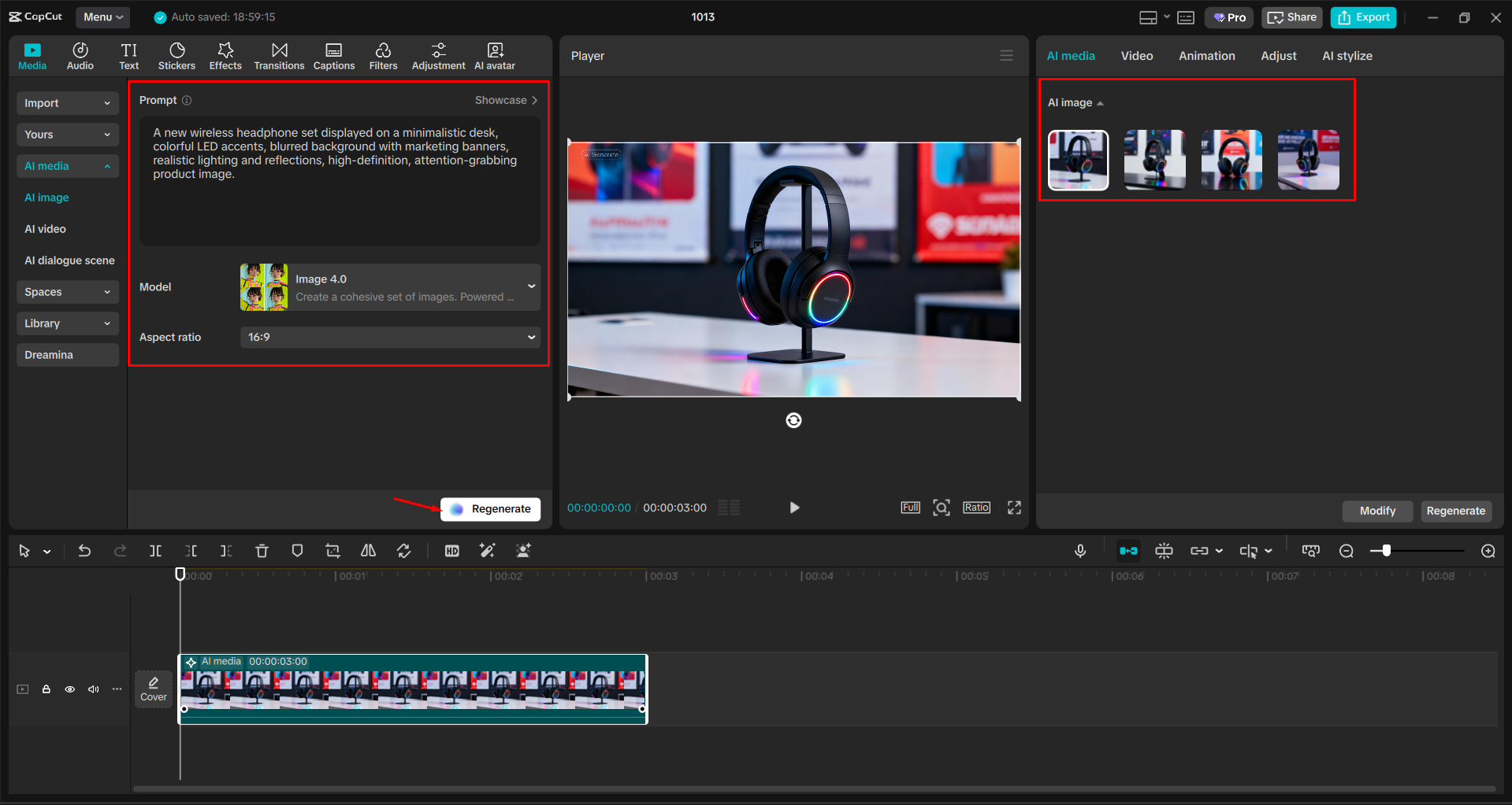 Generating an image with the CapCut's AI image tool
