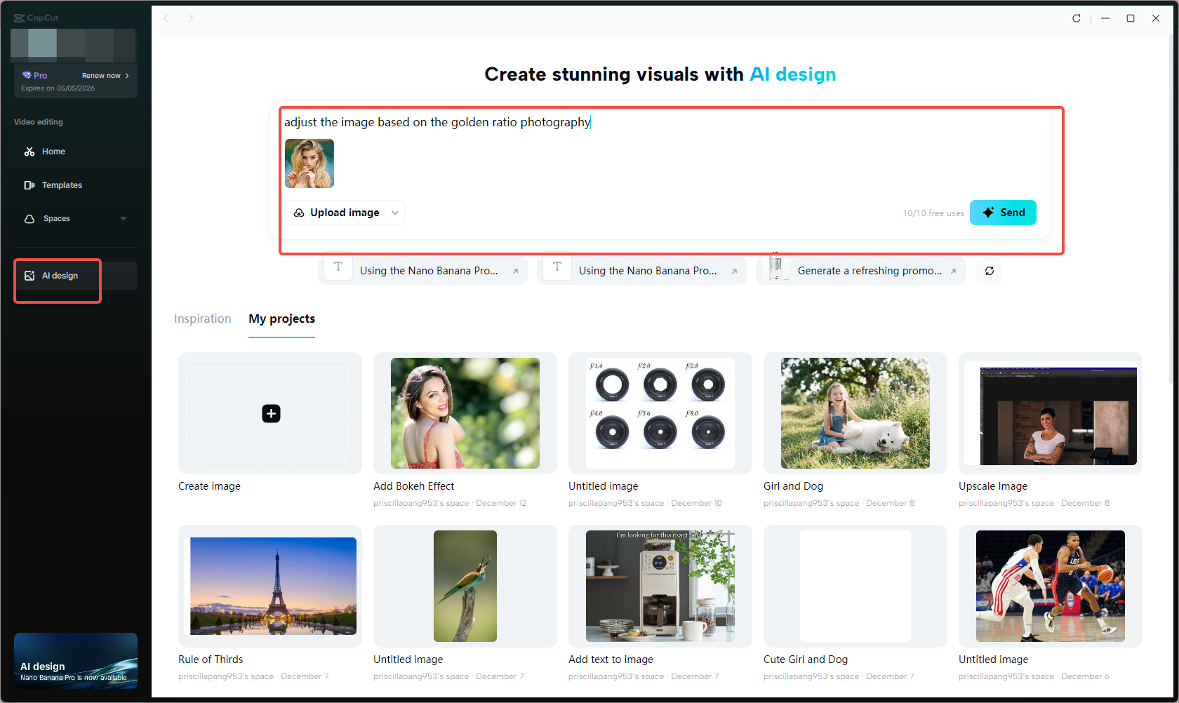 Accessing the AI design feature in CapCut