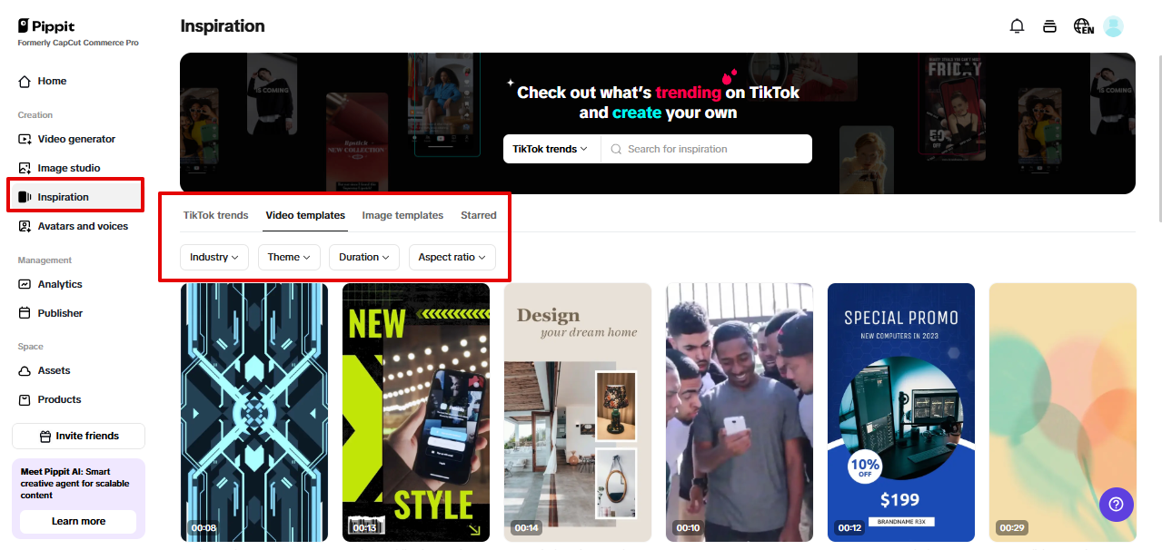 Mga template ng Pippit