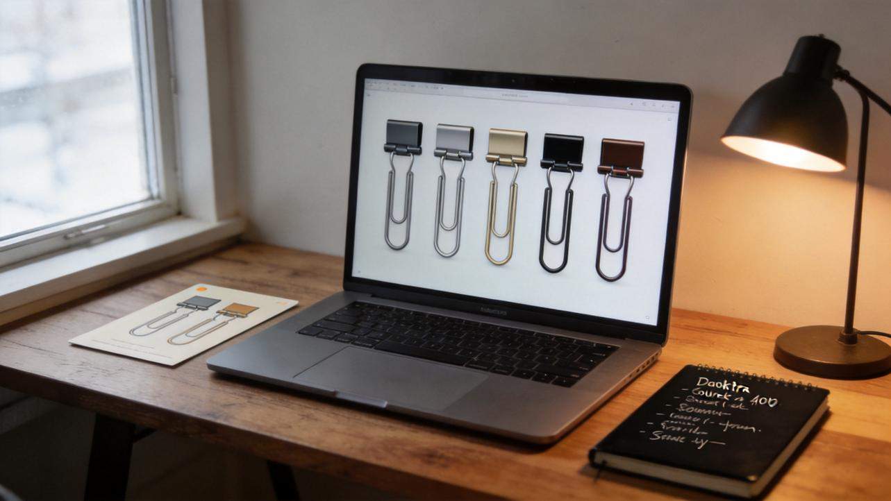 Laptop on a desk displaying five binder clips, with a desk lamp, notebook, and paper beside it