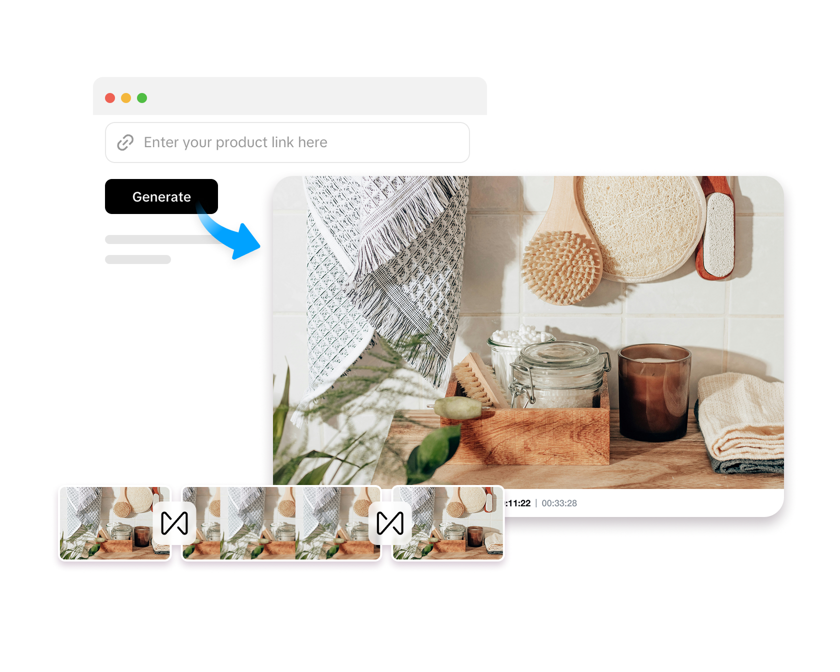 Mockup of Pippit's Link to Video interface showing a product link being transformed into a video preview