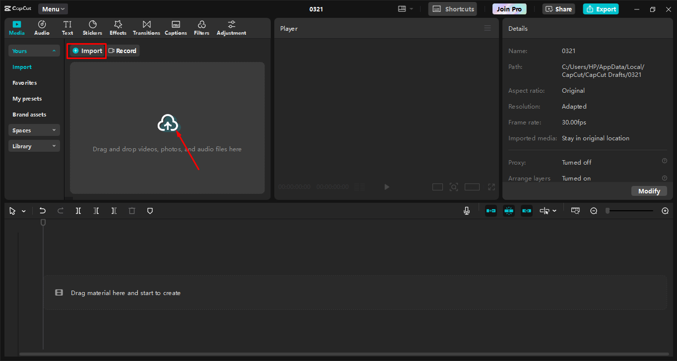 Mengunggah video ke editor video desktop CapCut