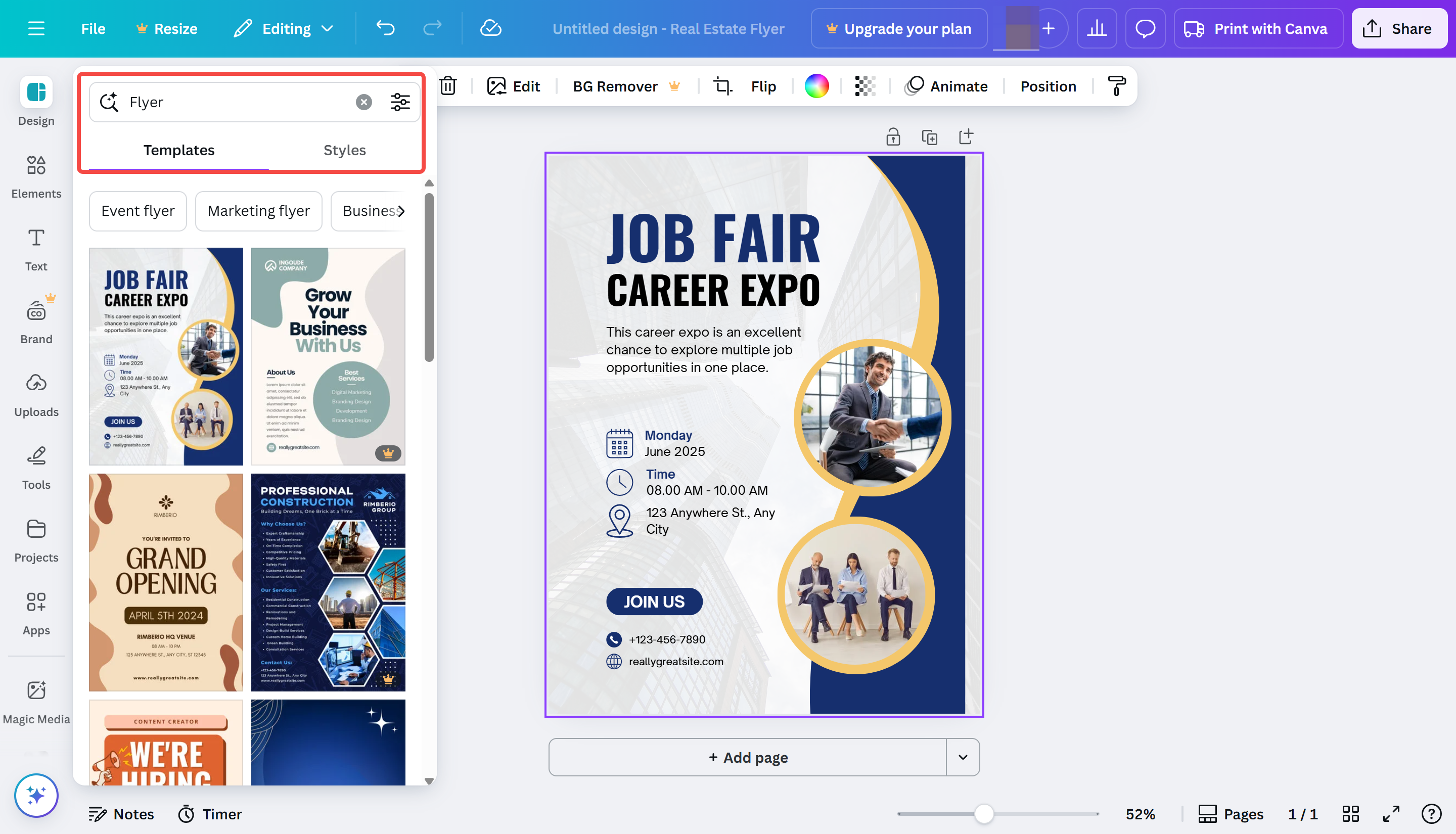 Choosing a flyer template in Canva