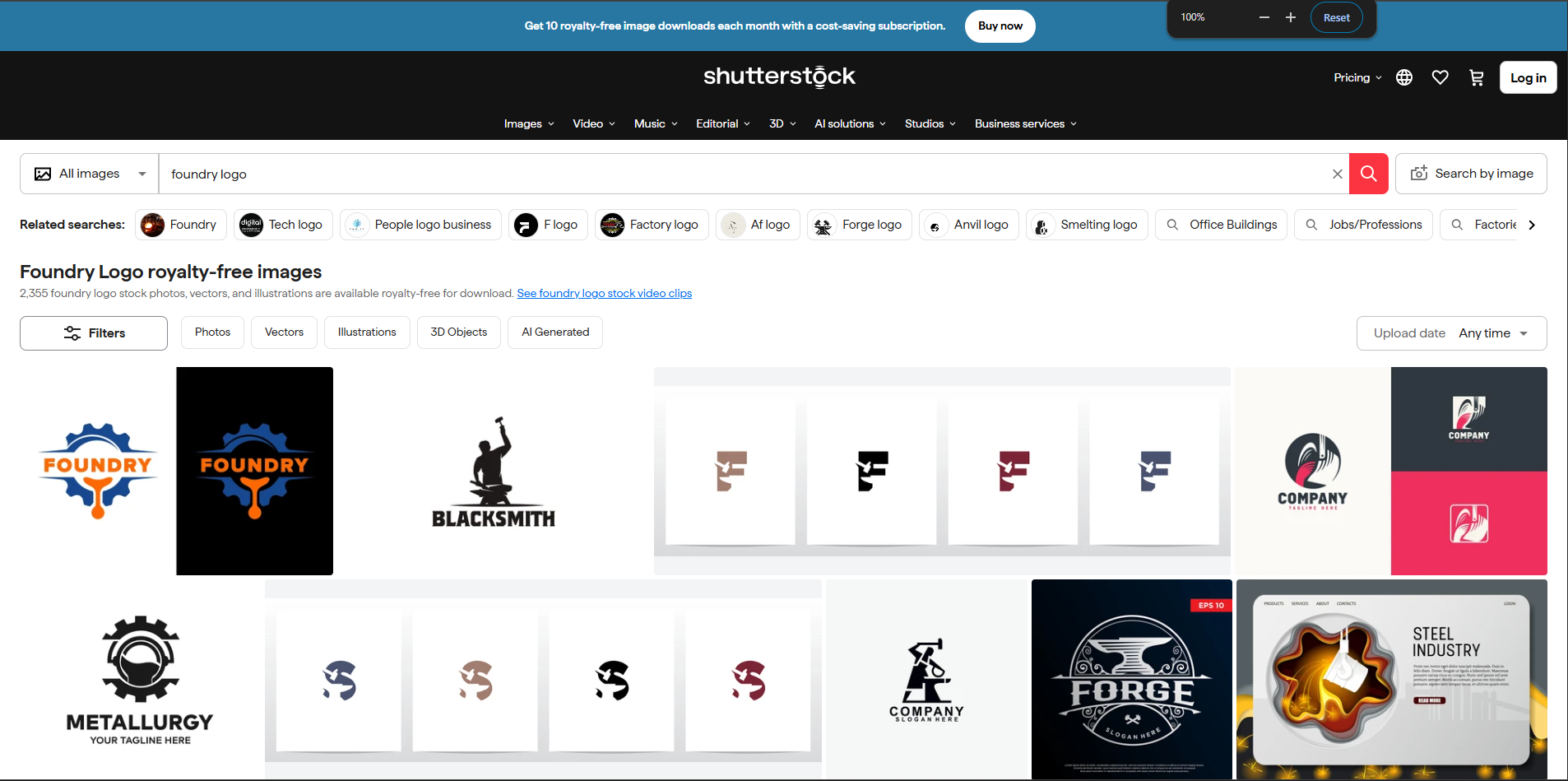 Interfejs Shutterstocka – jedno z najlepszych źródeł logotypów odlewniczych.