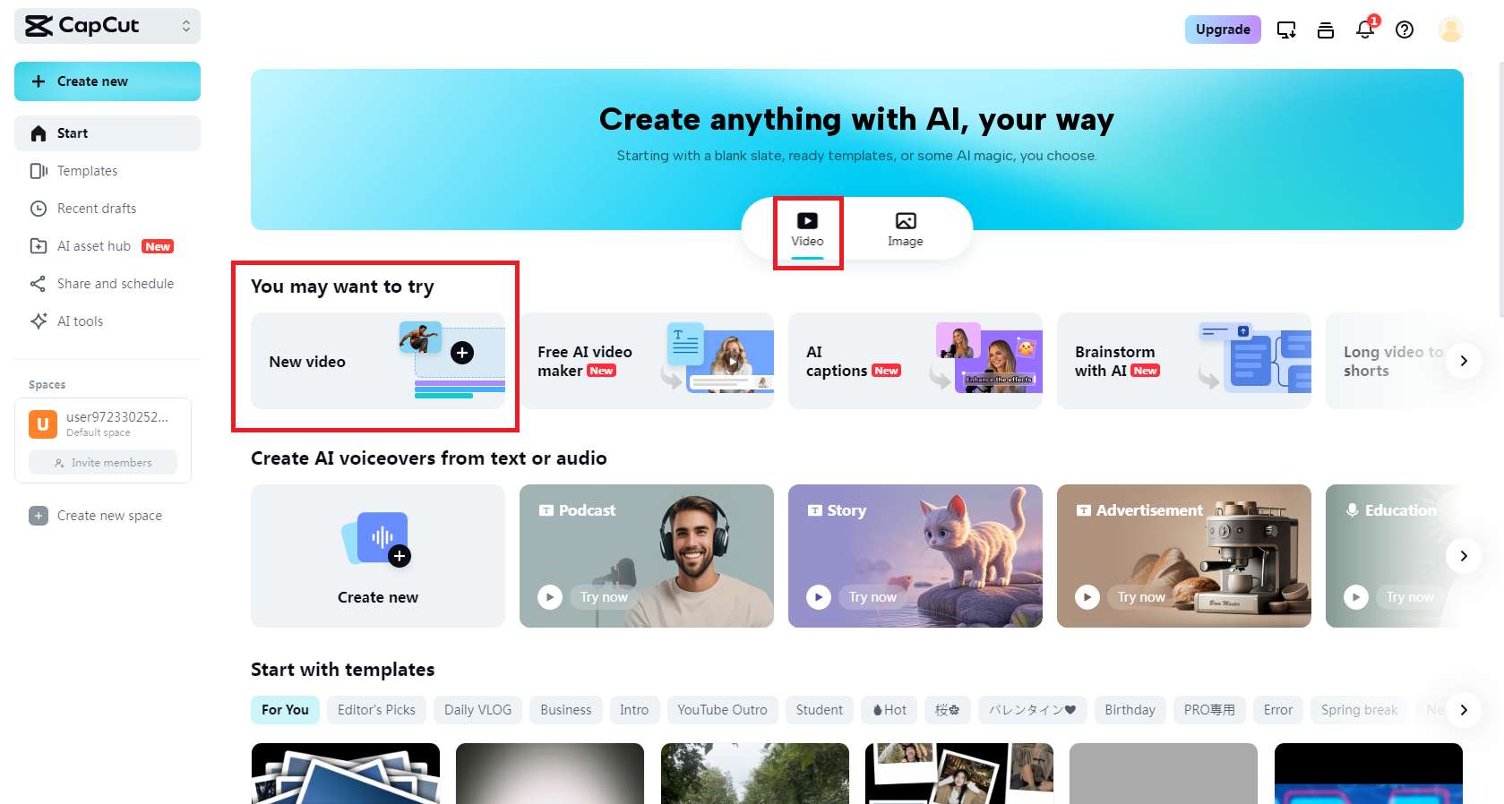 Välj alternativet för nytt video