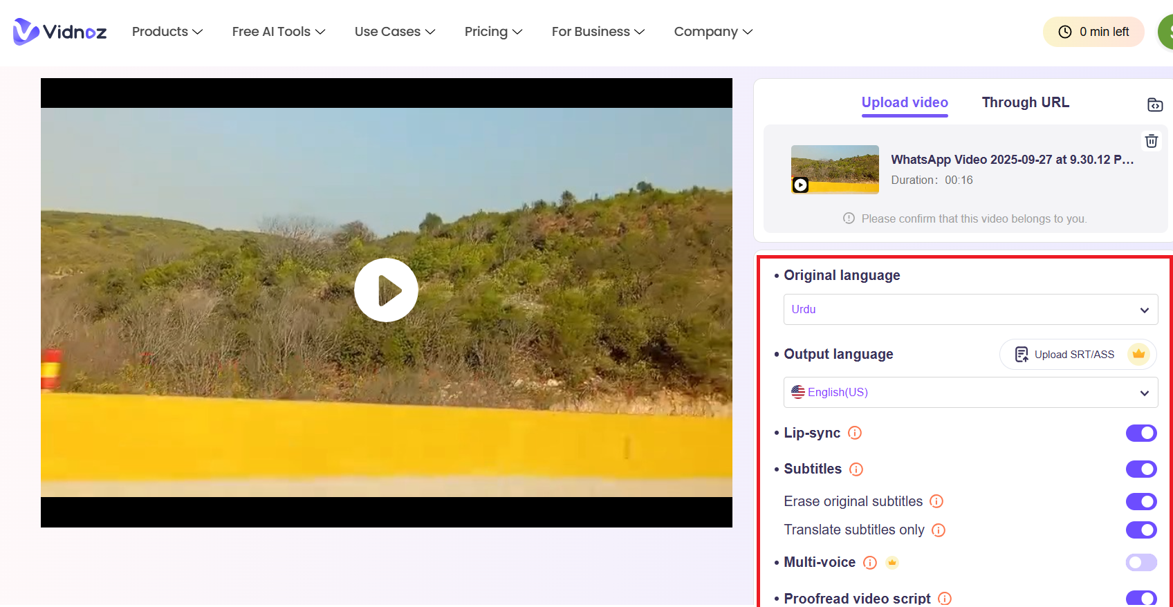 Vidnoz AI video translator interface showing Urdu to English translation with lip-sync and subtitle options