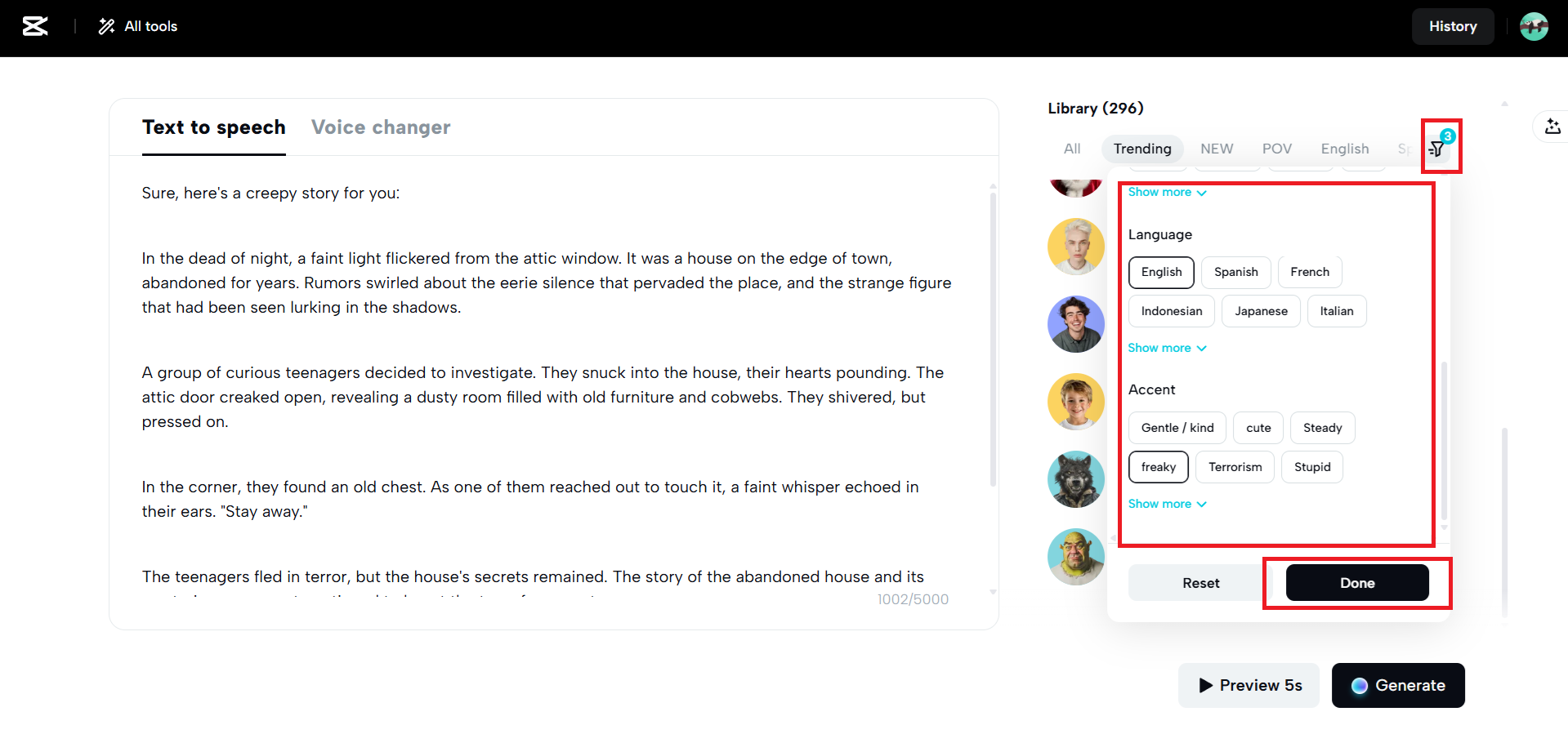 Apply filters to find the perfect voices