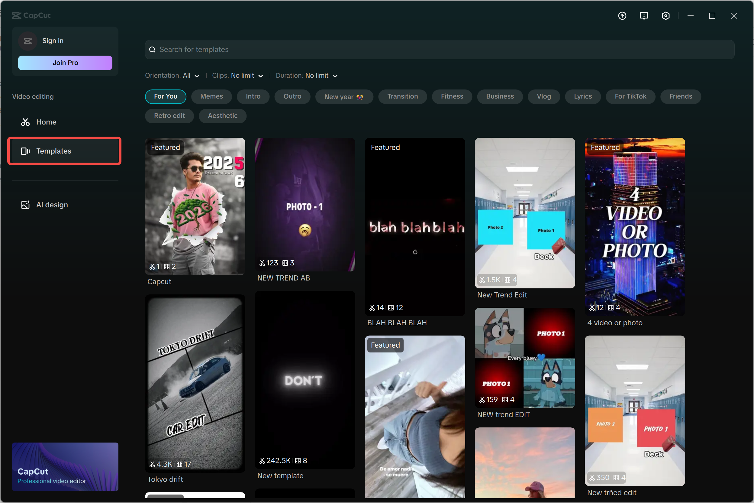 Template browsing page inside capcut desktop