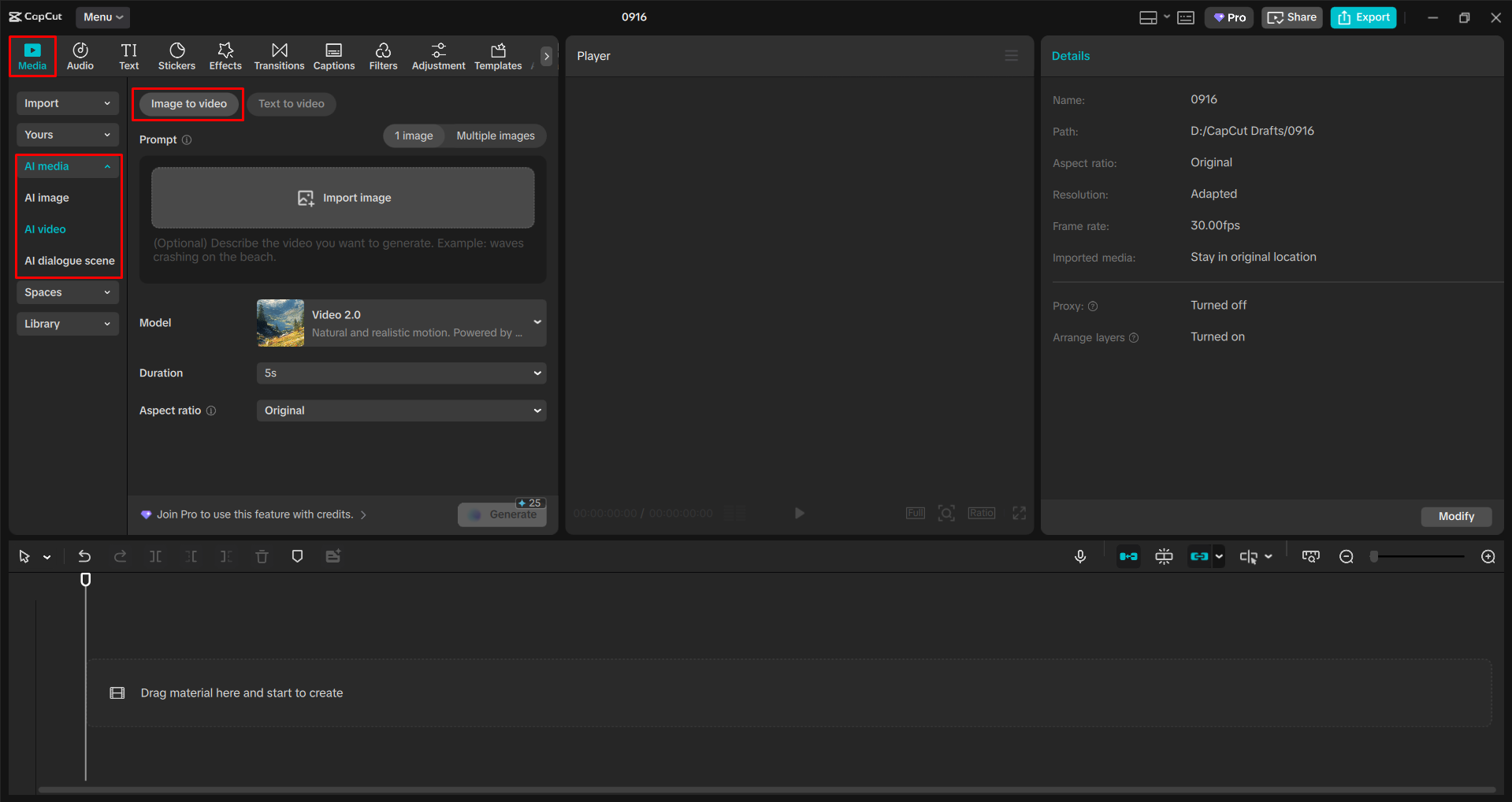 Pag-access sa AI image sa video tool sa CapCut desktop video editor
