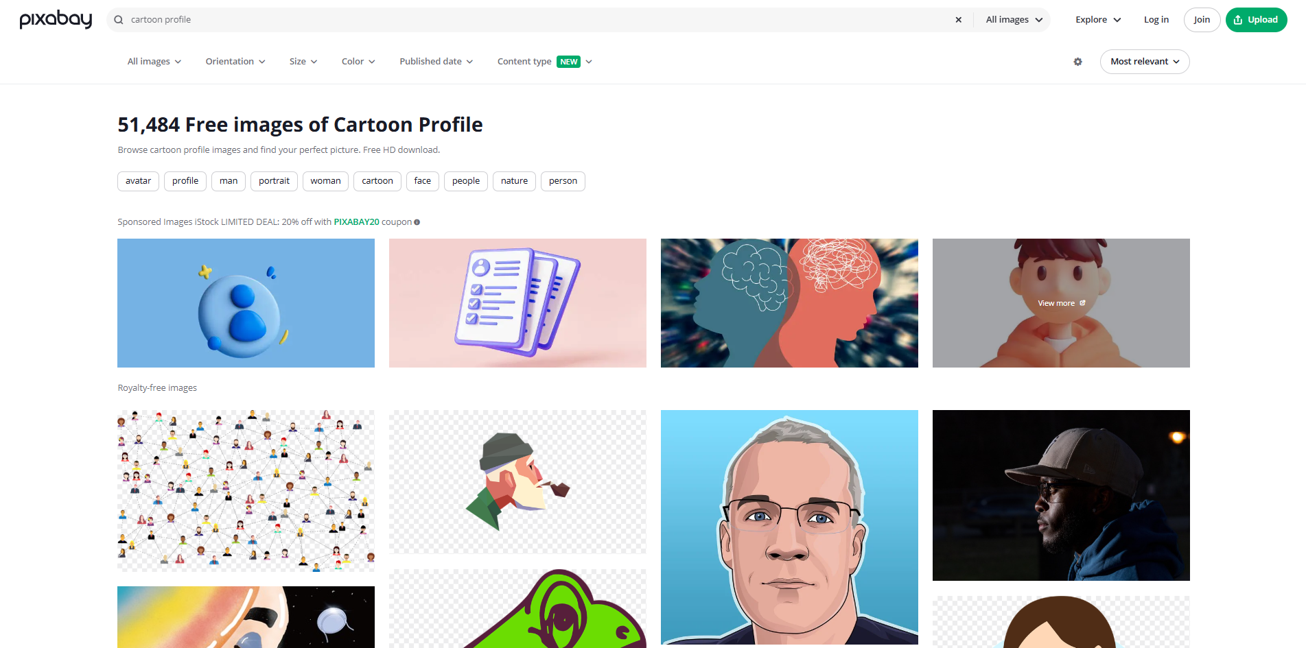 Interface of Pixabay - an online resource for free cartoon profile pictures