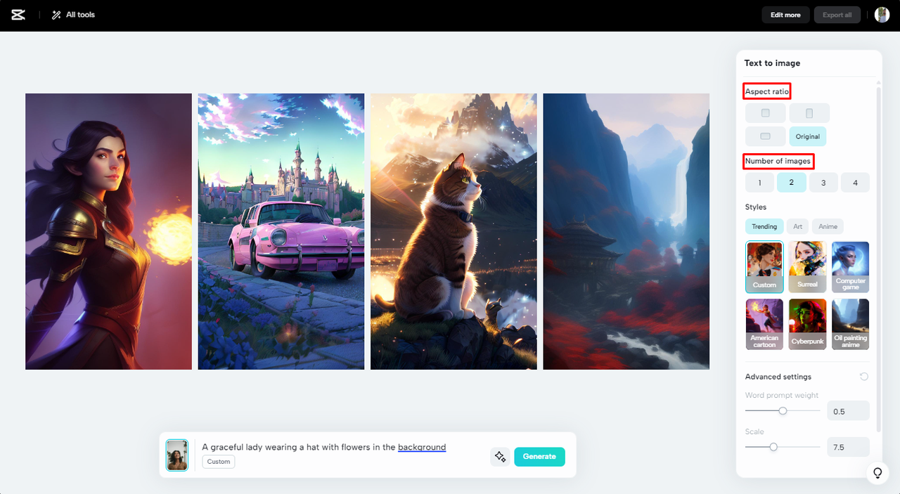 Choose the aspect ratio and number of images