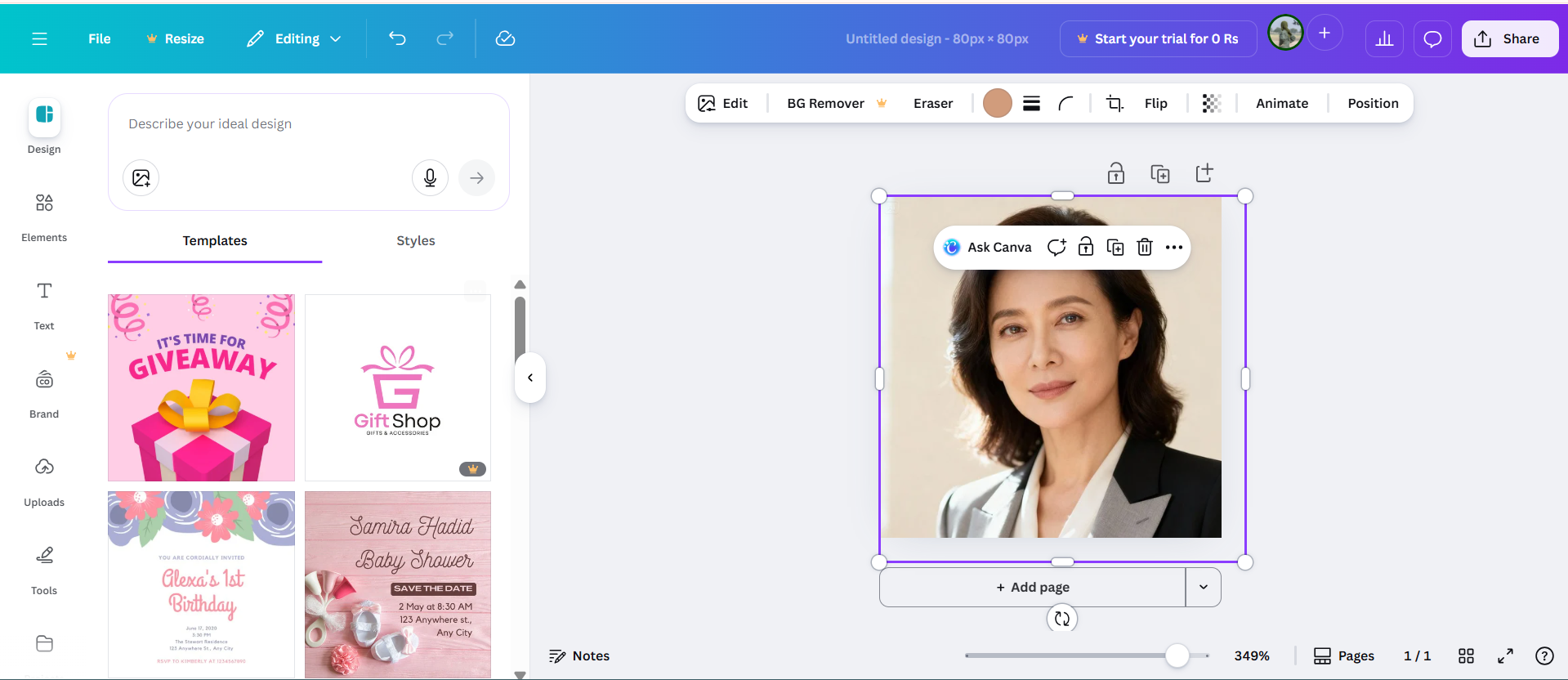 Plataforma Canva con un diseño de una foto de perfil de WhatsApp manualmente