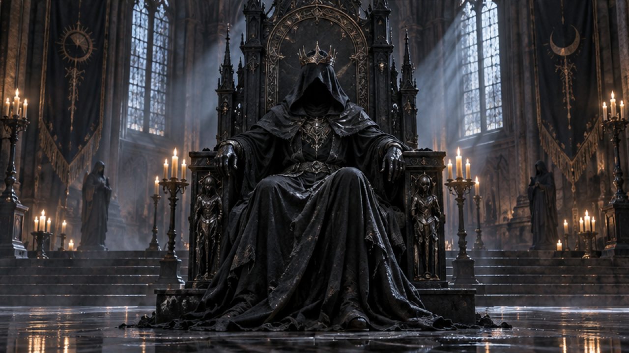 A hooded reaper on an obsidian throne with a subtle iron crown, old cathedral, cold window beams and candlelight
