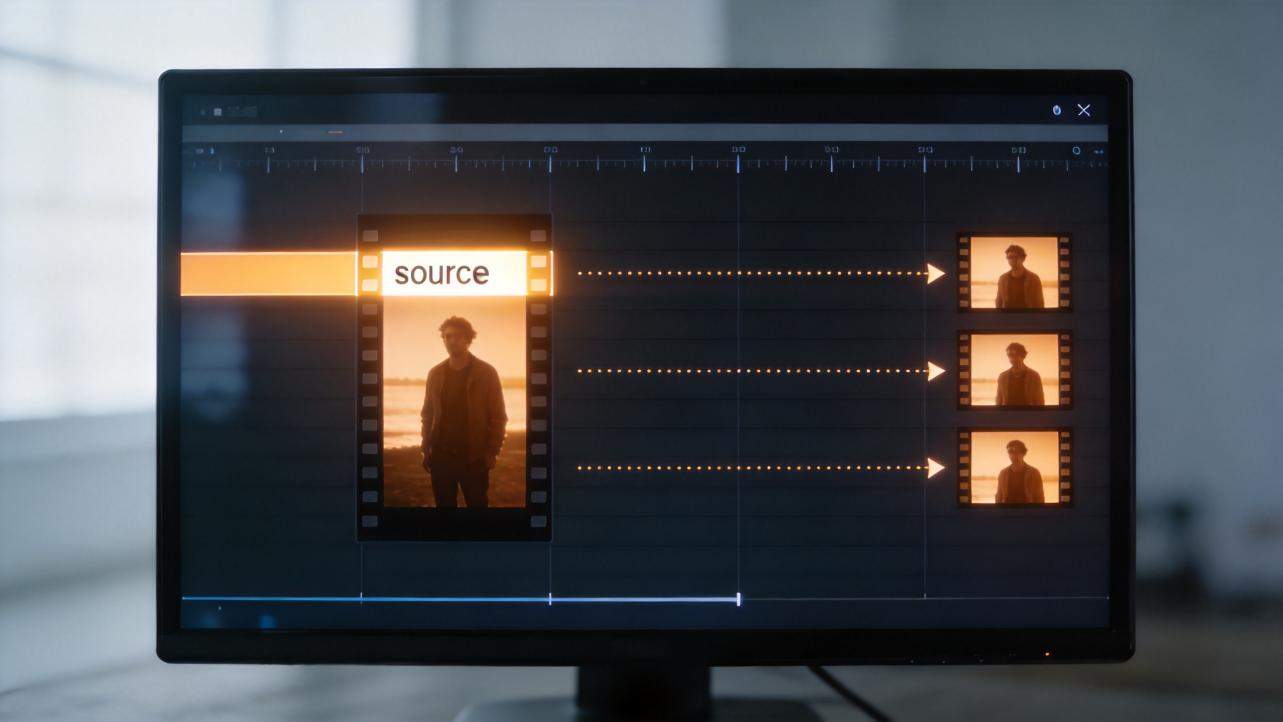 Video editor timeline showing one source clip copied to three clips