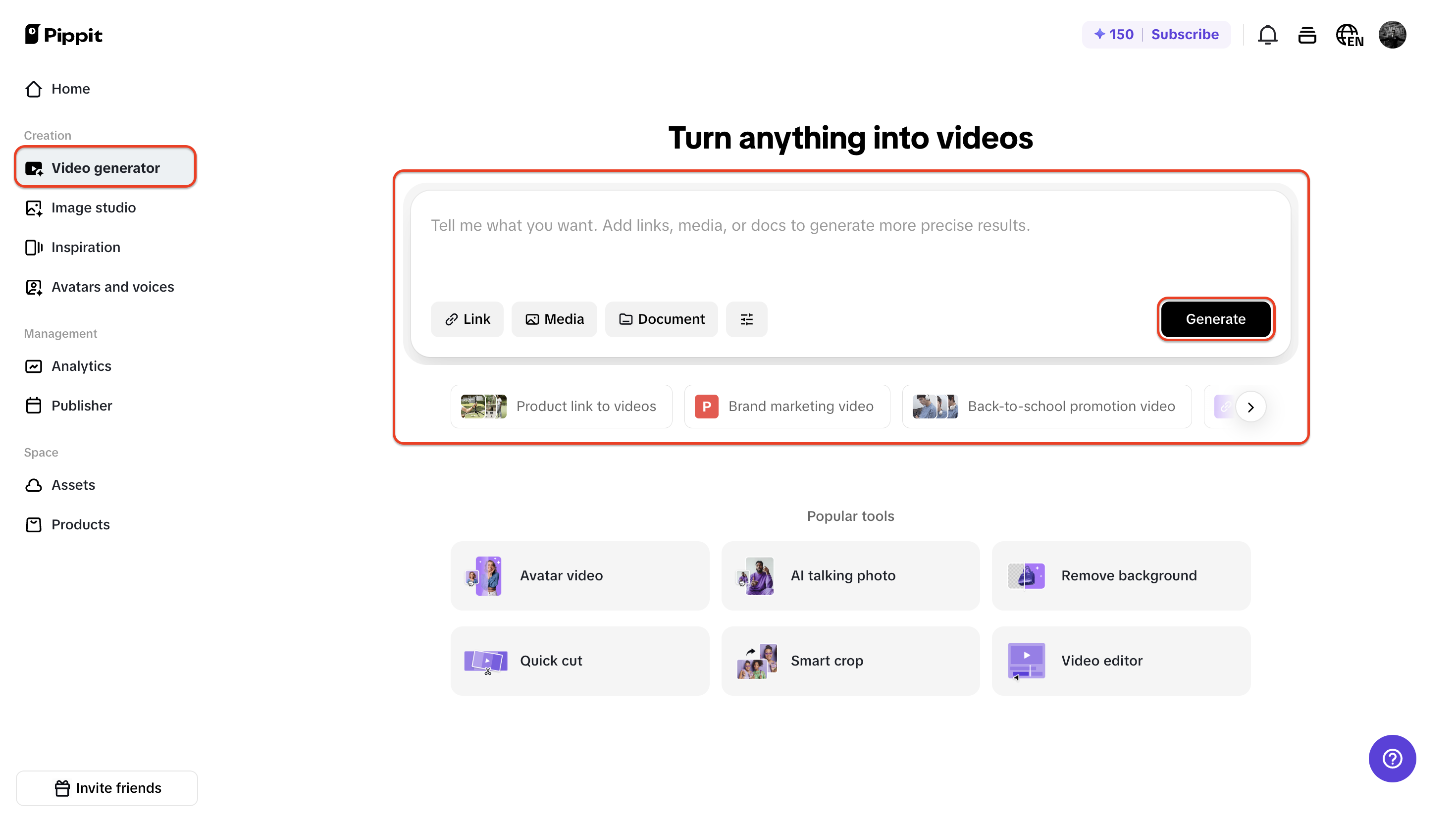 Enter a prompt inside the Video generator