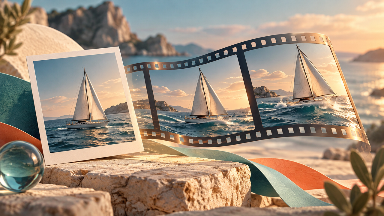 A sailboat photograph leading into a sequence of film frames