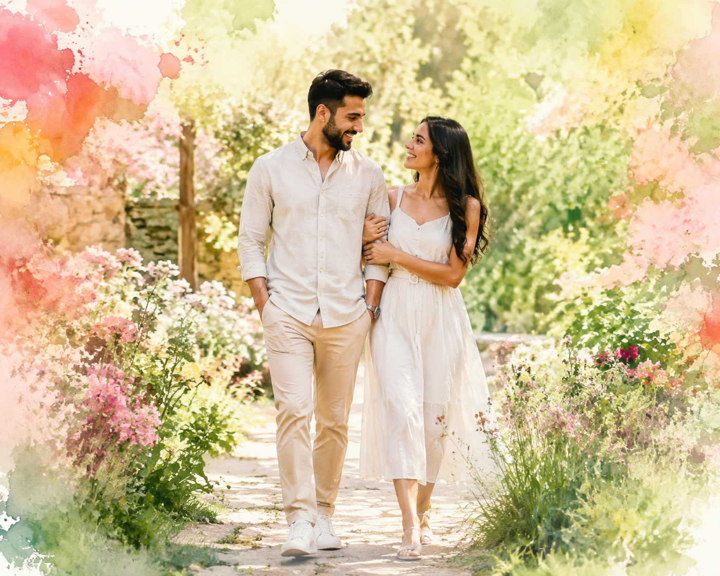 Exemple d'invite de photo de couple d'aquarelle Dreamina 2 : Portrait au pastel de jardin