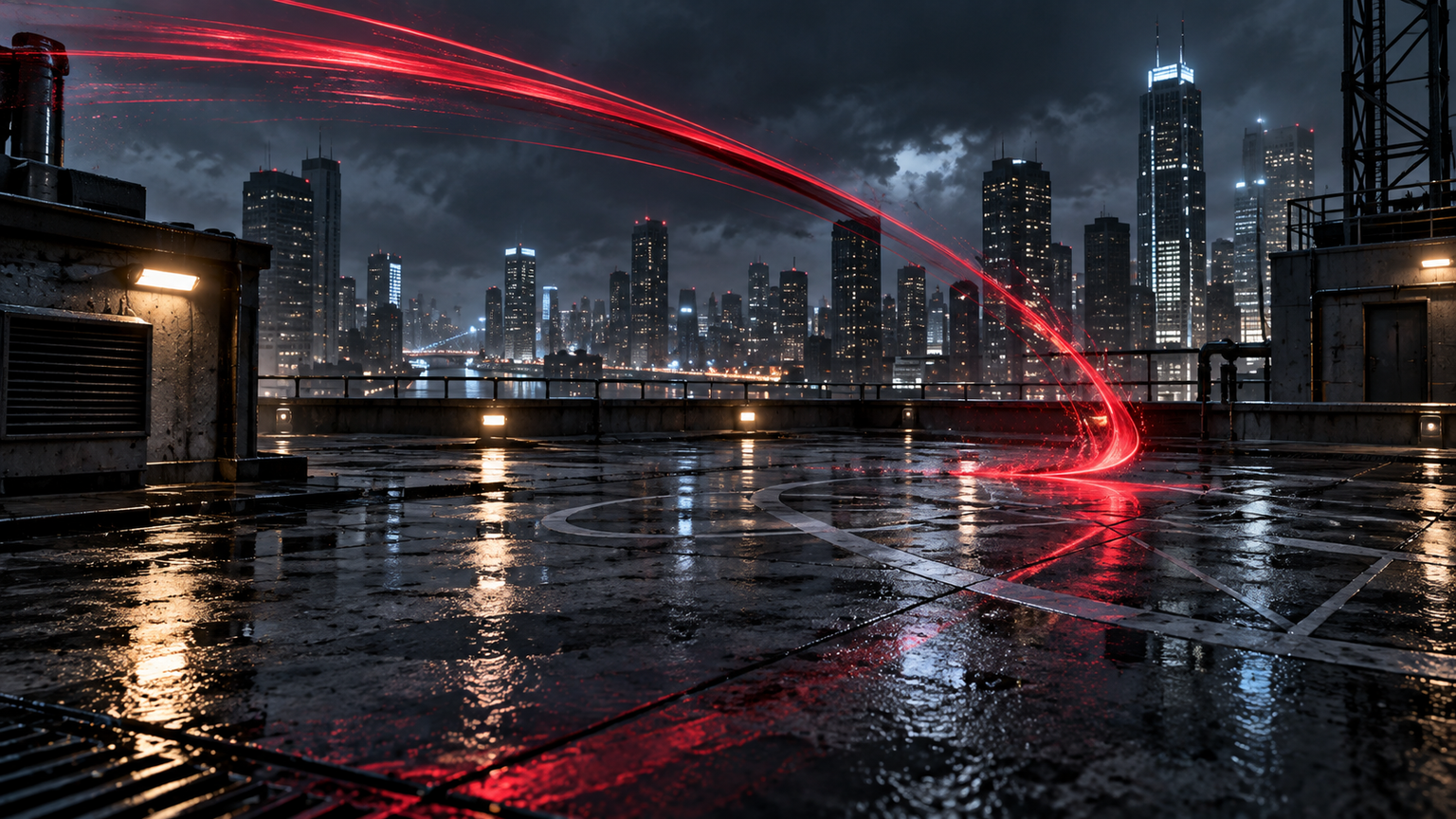 original spider-inspired action concepts expressed through rooftop landings, swinging arcs, red motion trails, and web-like stunt props