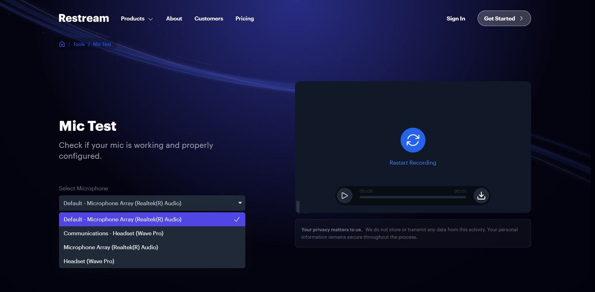 Interface of Restream - an ideal way to check microphone online