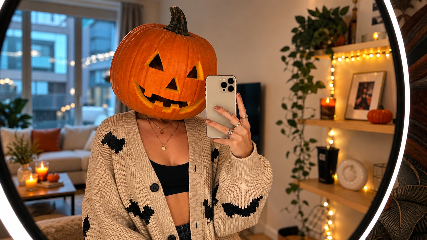 Halloween pumpkin head AI photo example