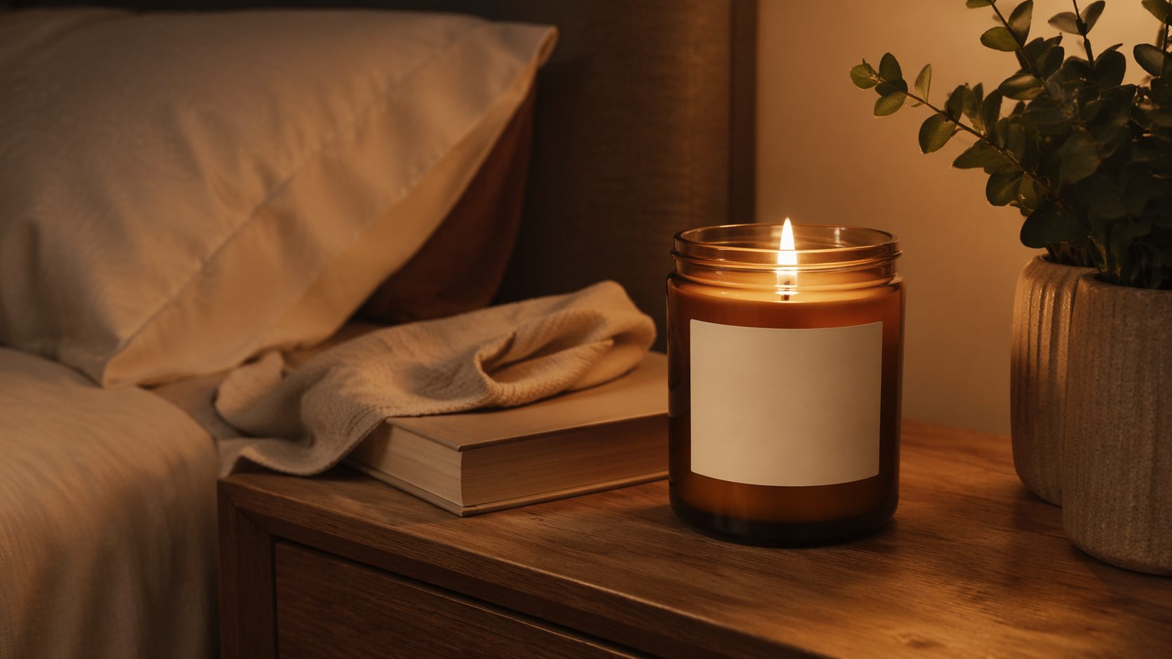 Dreamina Kerze Mockup Prompt Beispiel 3: Cozy Nightstand Kerze