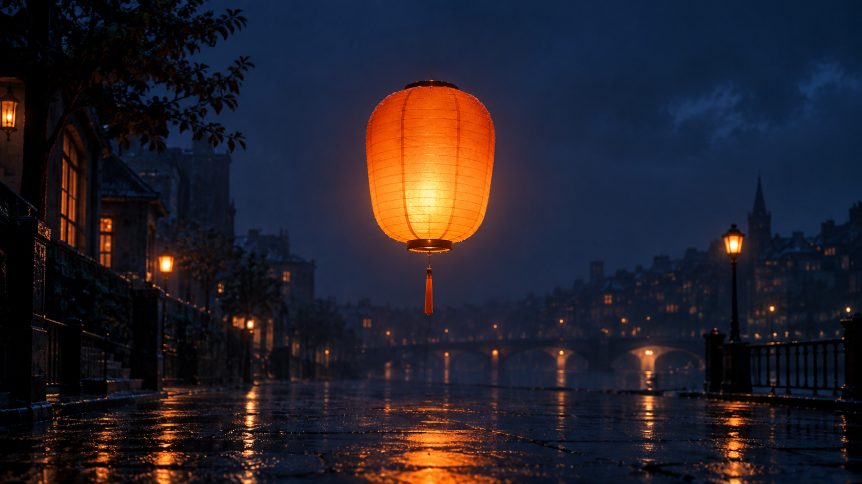 An original glowing orange lantern establishes one clear focal object in a spacious night scene
