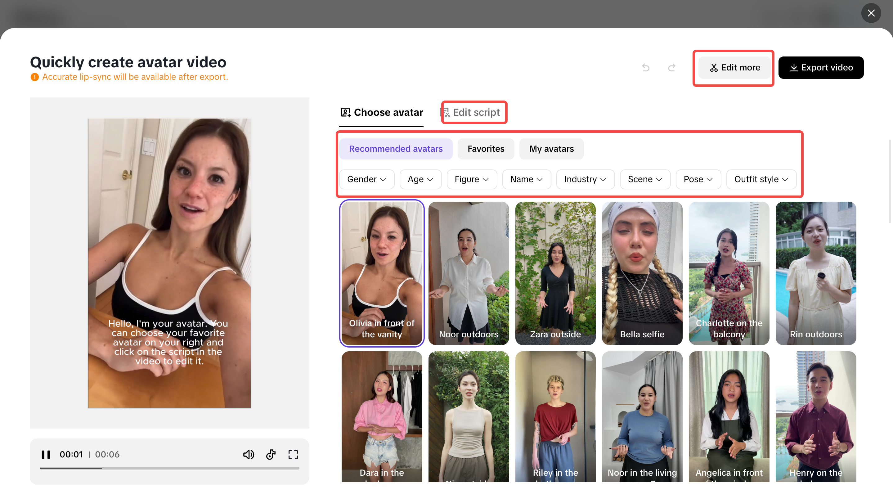 Piliin ang Avatar upang lumikha ng video.