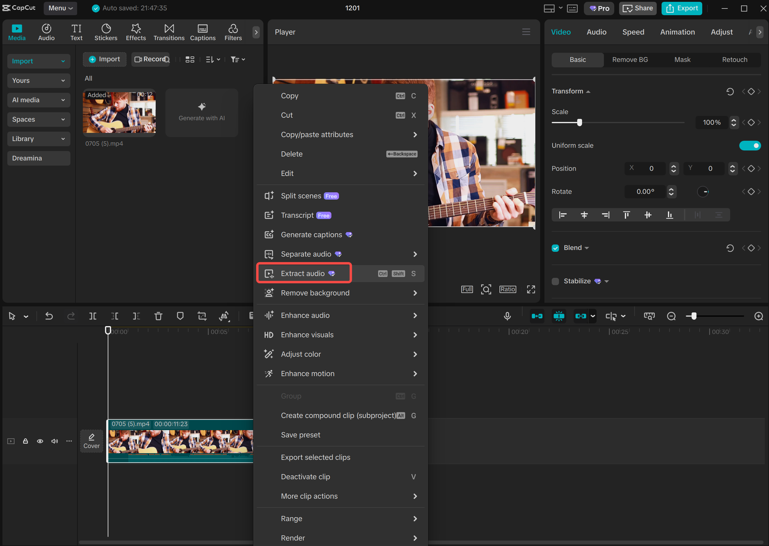 Extracting the audio from the video to make a ringtone using the CapCut desktop video editor