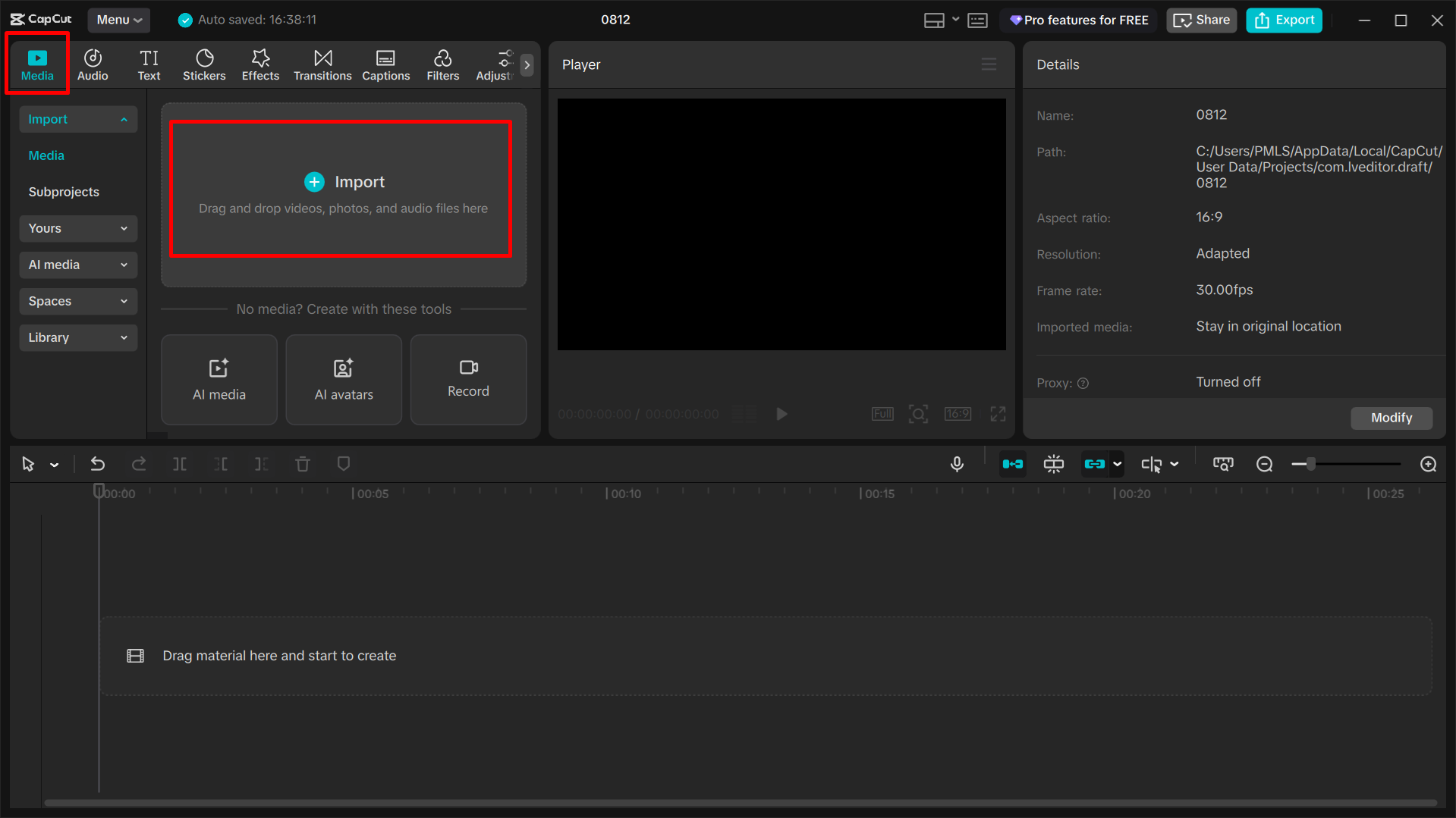 Importing the image into the CapCut desktop video editor
