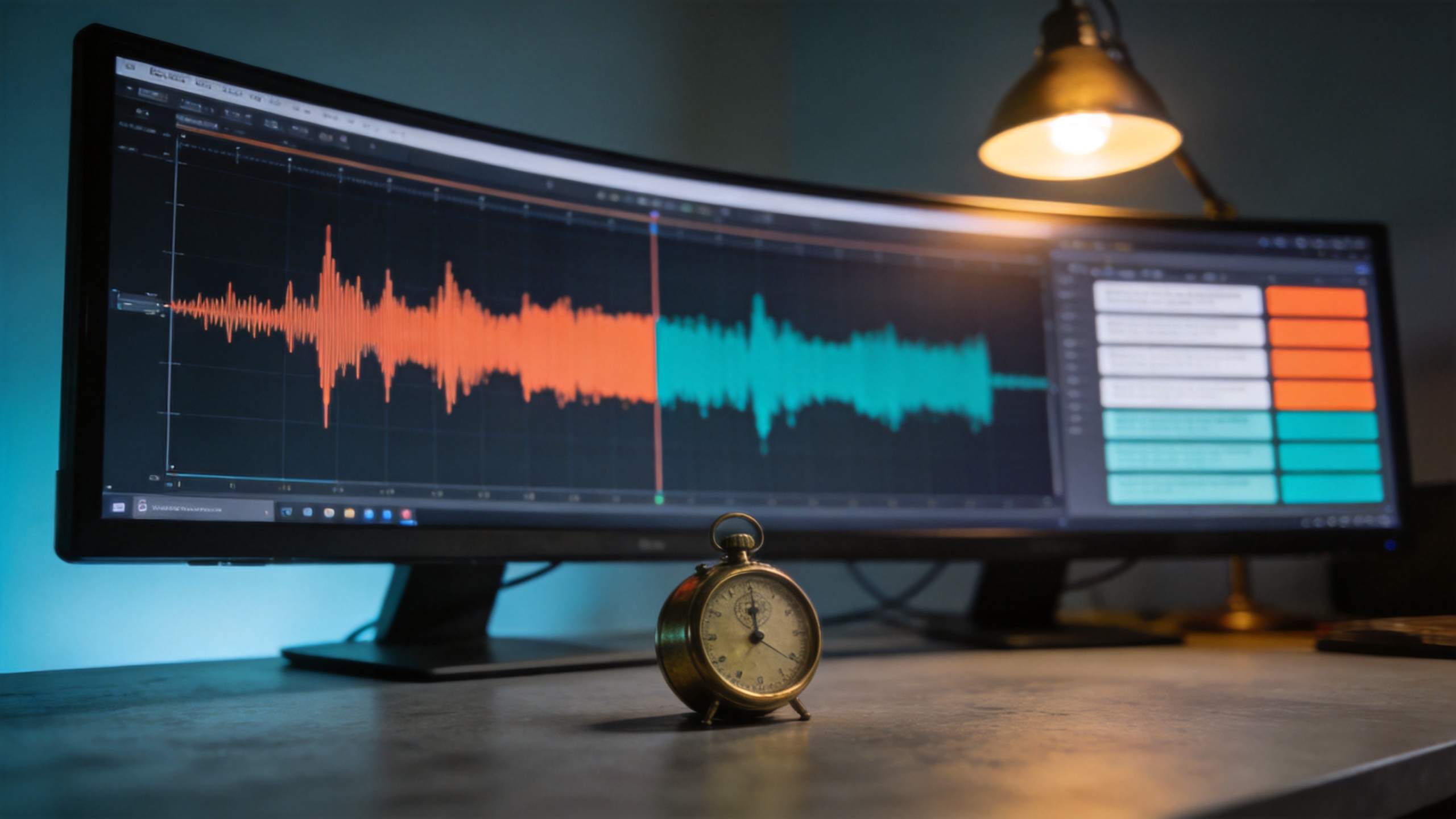 Curved monitor showing audio waveform editing with orange and teal tracks and subtitle blocks on the right