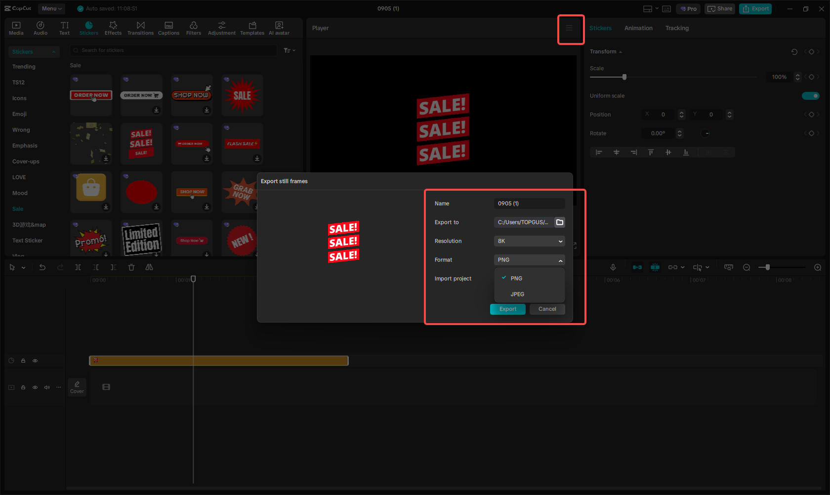 Exporting the sale sticker in CapCut