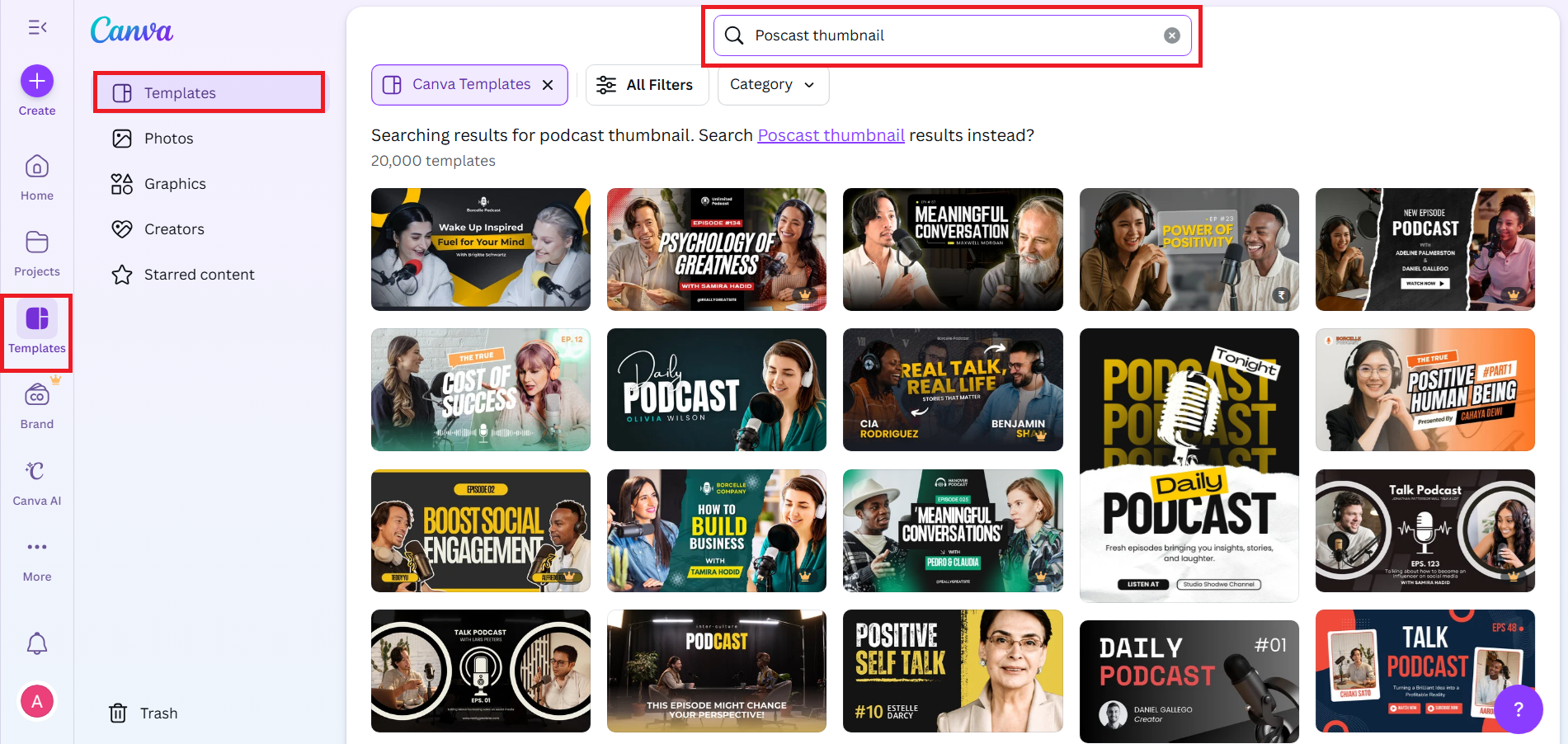 Maghanap ng mga template ng thumbnail ng podcast sa Canva