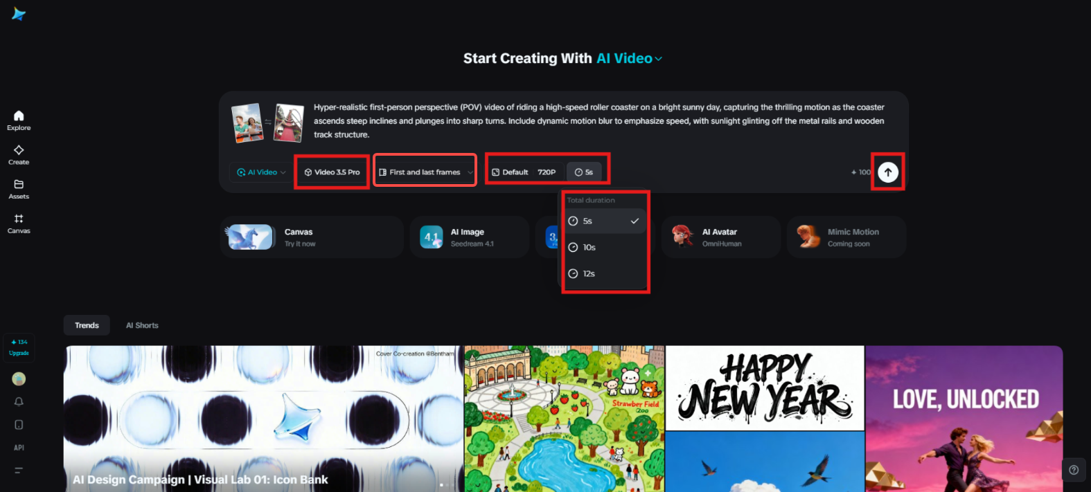 Gerando o vídeo de montanha-russa no Dreamina