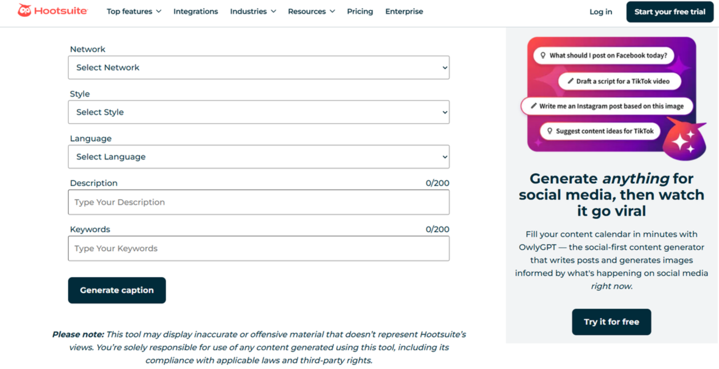 Interface of Hootsuite - a perfect Snapchat text generator